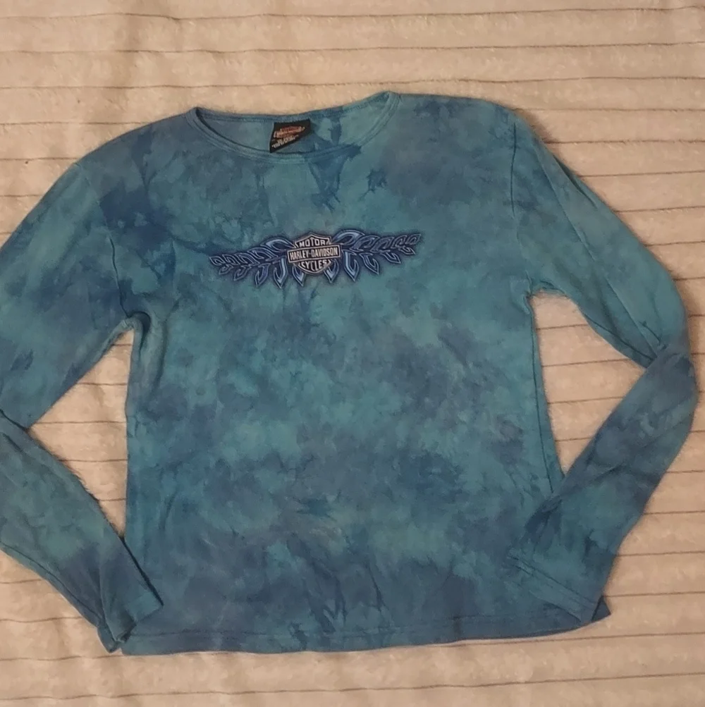 Vintage Harley Davidson Blue Tie Dye Long Sleeve Shirt - Picture 1 of 4